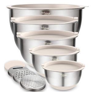 Wildone Mixing Bowls with Lids Set, 5PCS Stainless Steel Khaki Nesting Bowls with 3 Grater Attachments, Measurement Marks & Non-Slip Bottoms, Size 5, 3, 2, 1.5, 0.63 QT, Great for Mixing & Serving