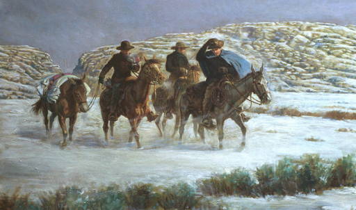 Painting of three men on horesback traveling through the snow to save the Martin Company.