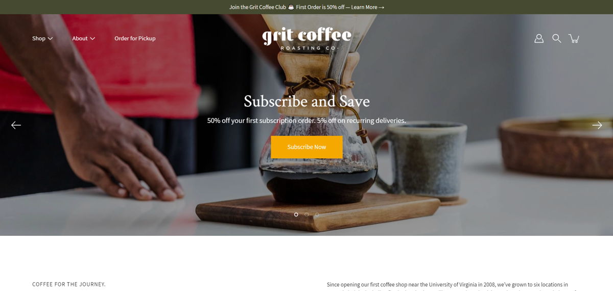 Screenshot of Grit Coffee Roasting Co., from the cafe & coffee shop websites collection.