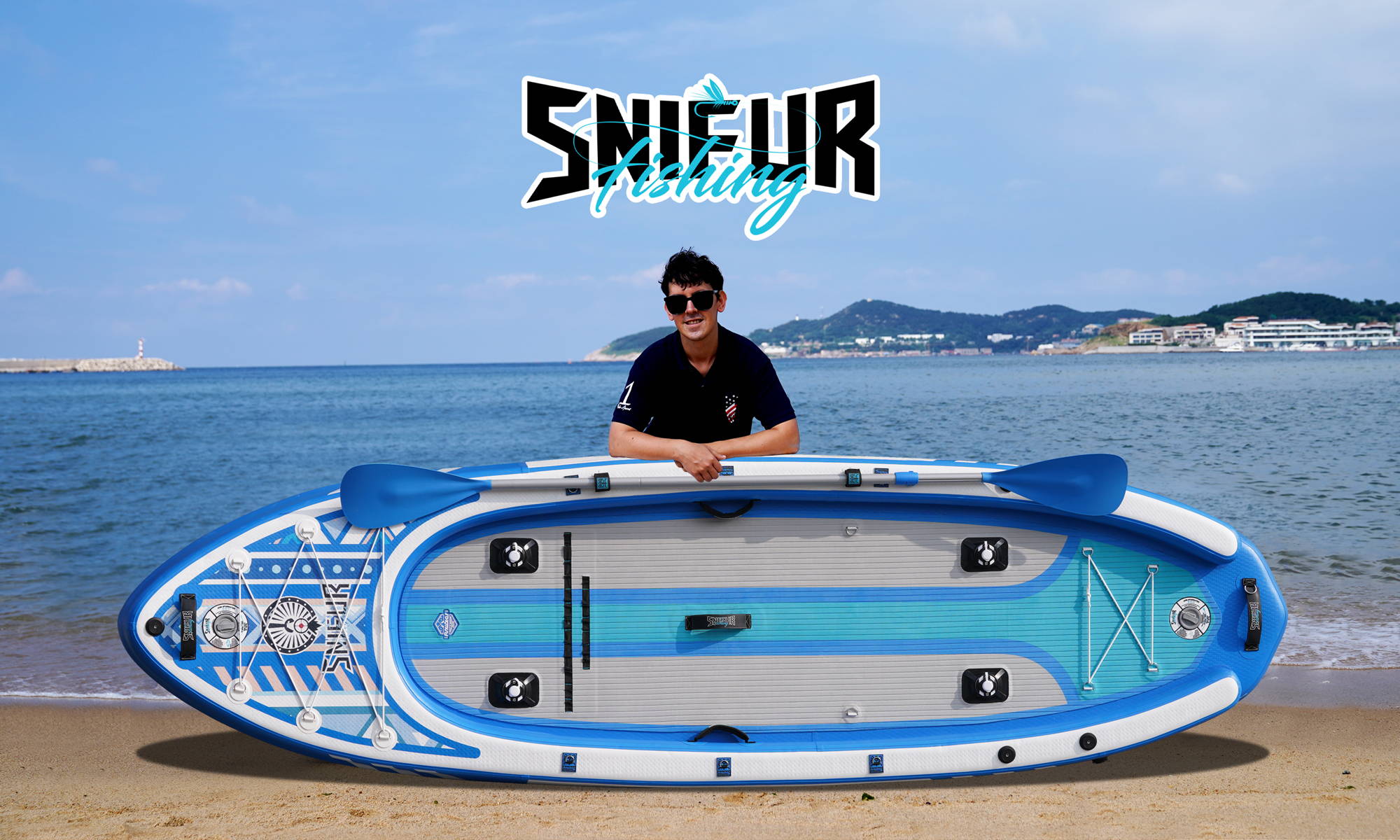 The man is relying on the SNIFUR 11' inflatable fishing kayak on the beach