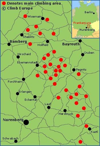 Map of the main sport climbing areas at Frankenjura