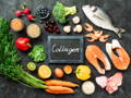 sign that reads "collagen" surrounded by a variety of healthy food that also boost the collagen in your body