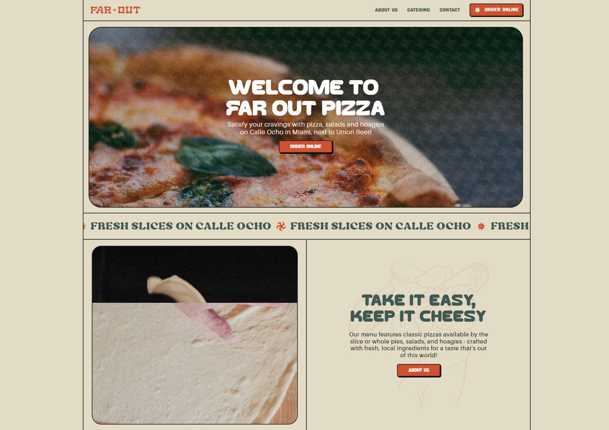 Screenshot of Far Out Pizza , from the  framer websites collection.