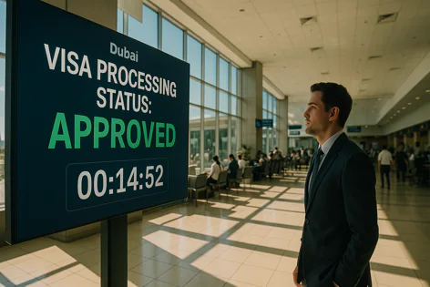 Man in a suit views a digital screen showing "Dubai VISA PROCESSING STATUS: APPROVED" with a timer in a bright visa processing or airport waiting area. People are seated in the background.