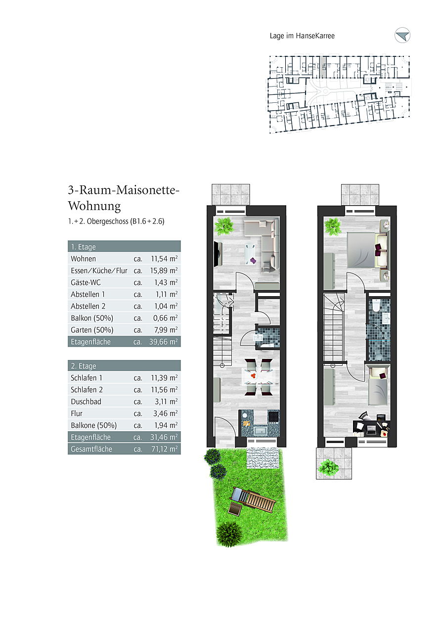 Rostock - Grundriss B1.6+2.6 Maisonette im 1. + 2. OG