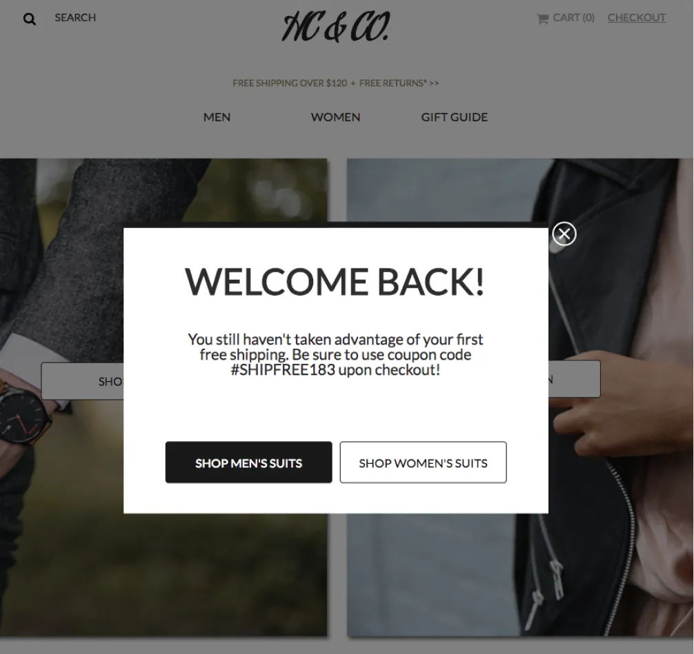 Popup with free shipping code to engage with visitors as the marketing activity