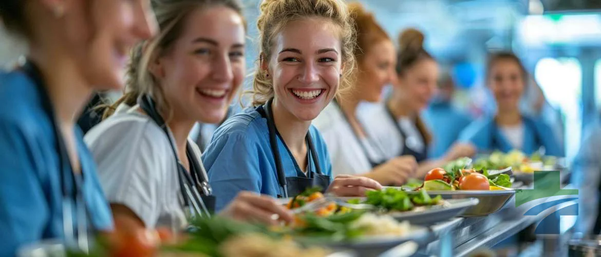 Nurses sharing laughter and healthy meals in a cozy setting