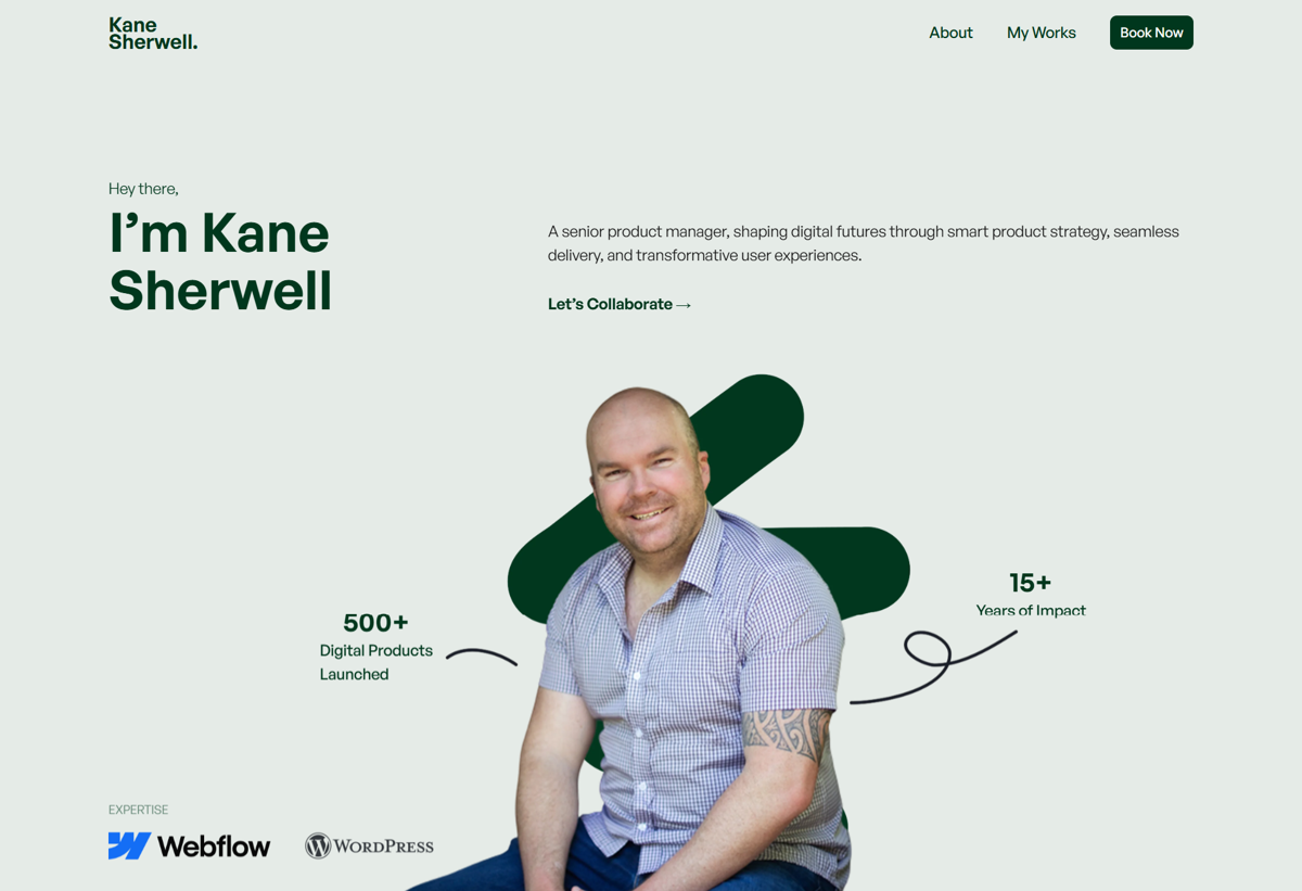 Screenshot of Kane Sherwell, from the product manager portfolios collection.