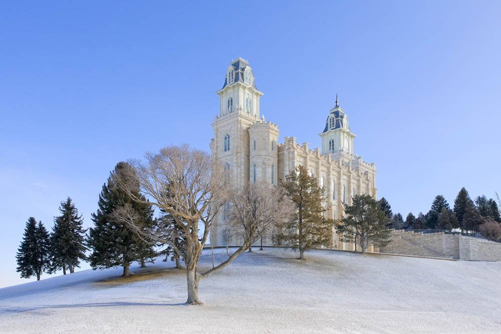 Manti Tepmle standing on a snow-covered hill. 