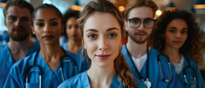Hopeful healthcare professionals of diverse backgrounds standing united.
