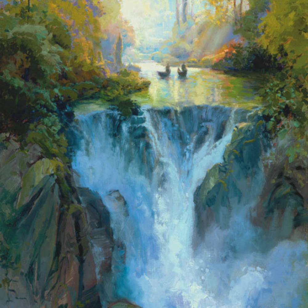 Painitng of two boats rowing upstream from a pretty waterfall.
