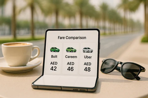 Foldable smartphone displays Bolt, Careem, and Uber ride-hailing fare comparison app showing prices 42, 46, 48 AED, next to coffee and sunglasses.