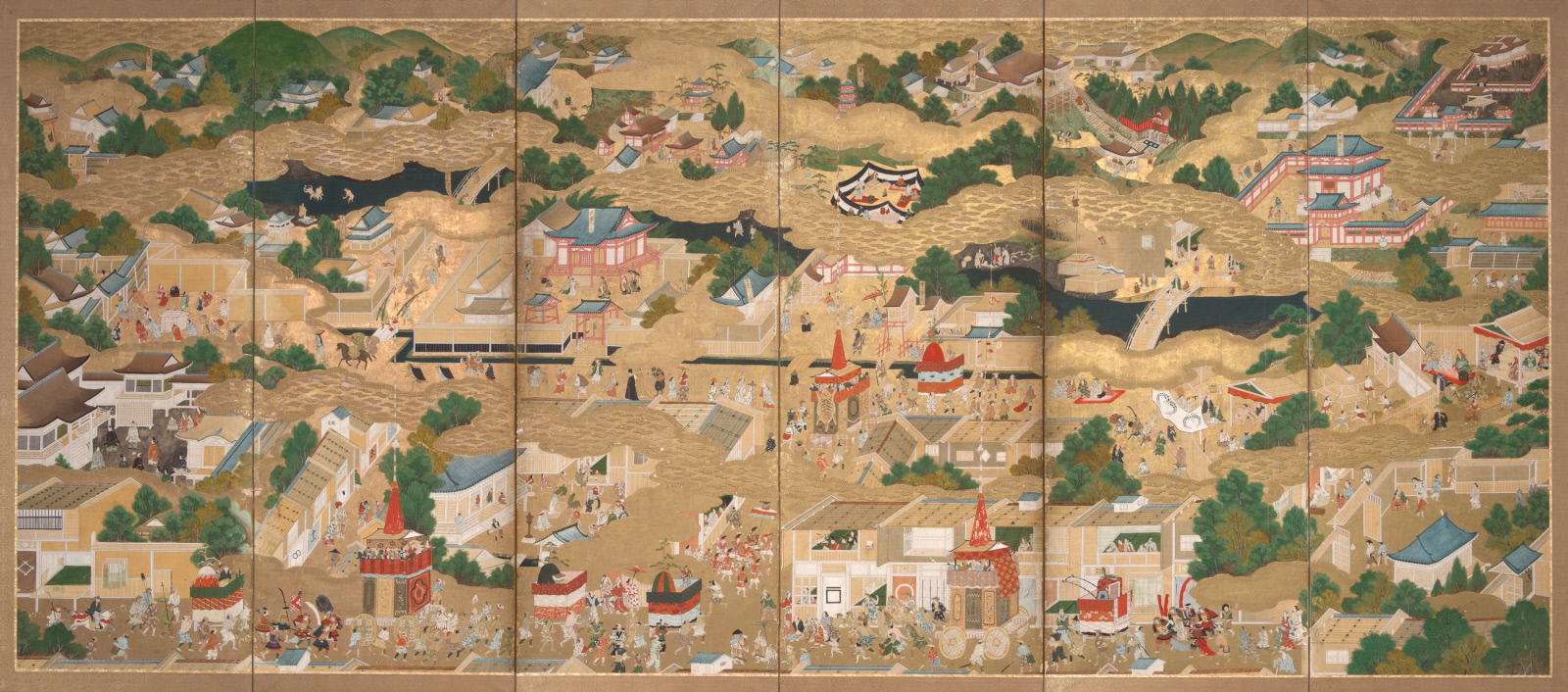 Image:  Scenes in and Around Kyoto (Rakuchu Rakugai-zu)  Japan, mid-17th century  Ink, pigments, and gold leaf on paper  h. 66 in. (167.6 cm); w. 144 in. (365.8 cm)  Purchased with funds provided by the Lillie and Roy Cullen Endowment, 2001.51.a-b