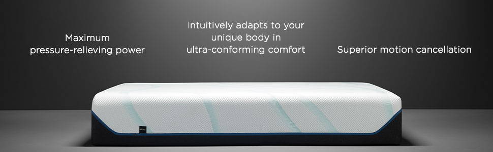 Tempur Luxe mattress with text "Maximum pressure relieving power, Intuitively adapts to your unique body in ultra conforming comfort, Superior motion cancellation"