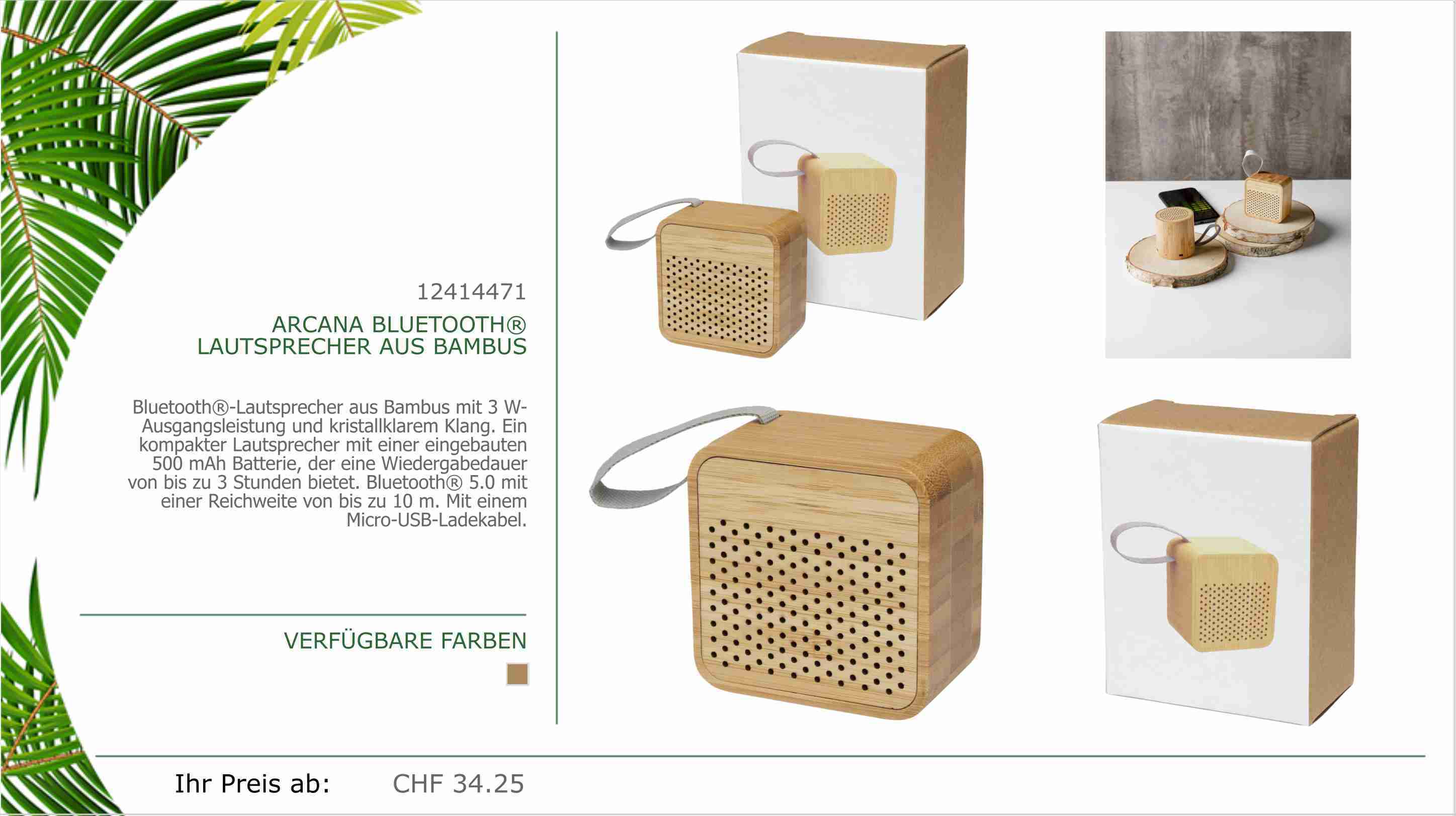 Bluetooth®-Lautsprecher aus Bambus mit 3 WAusgangsleistung und kristallklarem Klang. Ein kompakter Lautsprecher mit einer eingebauten 500 mAh Batterie, der eine Wiedergabedauer von bis zu 3 Stunden bietet. Bluetooth® 5.0 mit einer Reichweite von bis zu 10 m. Mit einem Micro-USB-Ladekabel.