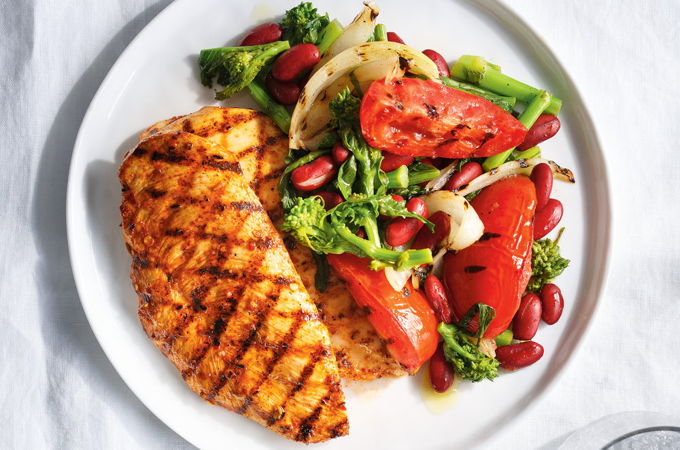 Kidney Bean and Rapini Salad with Grilled Chicken Cutlets