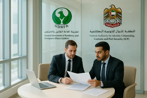Two businessmen reviewing paperwork at a desk with a laptop, against a backdrop featuring the logos of UAE's GDRFA and ICP government entities.