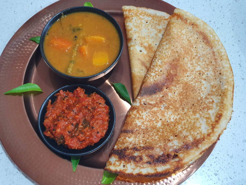 Dosa, Sambar and Tomato Chutney