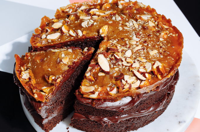 Sweet and Salty Chocolate Cake with Almond Crisp