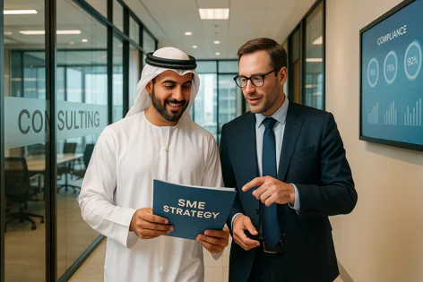 Two men, one in a suit and glasses, the other in traditional Arabic clothing, review a document labeled 'SME STRATEGY' in a modern office hallway.