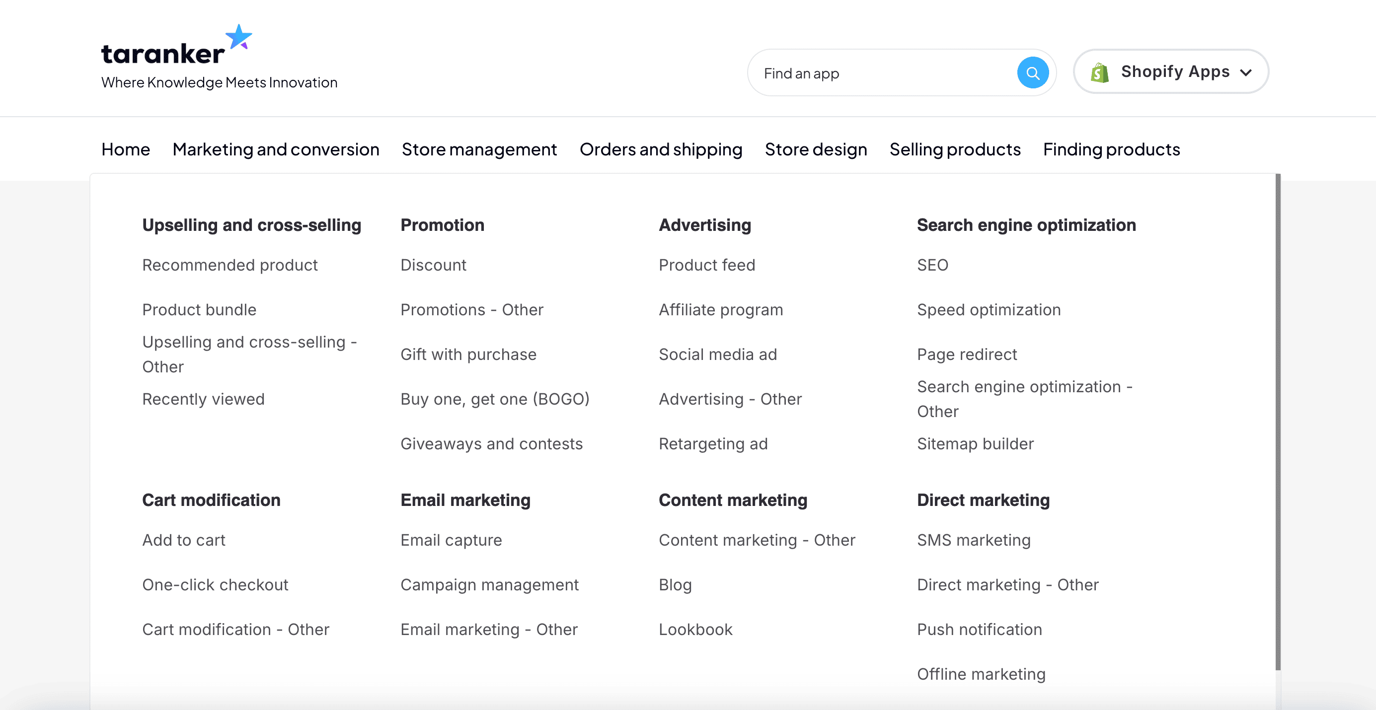 Taranker's categories for featured apps
