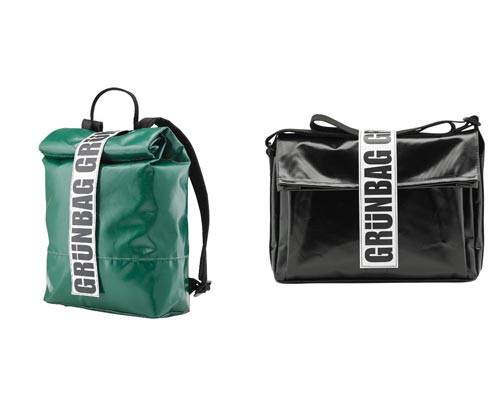 Green rucksack made from recycled tarpaulin with large Grunbag branded closure and black shoulder bag made from recycled black tarpaulin with large grunbag closure branding