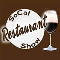 The SOCAL Restaurant Show logo...a brown background, with the words written on a white plate and a glass of red wine on the side. 