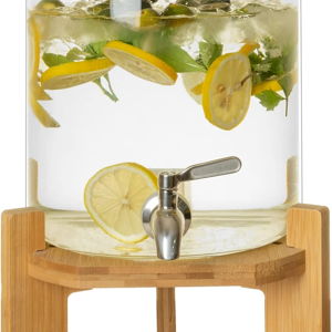 L'ÉPICÉA Drink Dispenser, Glass Drink Dispenser with Stand, Drink Dispenser for Parties, Beverage Dispenser with Stand, 304 Stainless Spigot, Wood Stand 1/2 Gallons Iced or Hot Beverage Dispenser