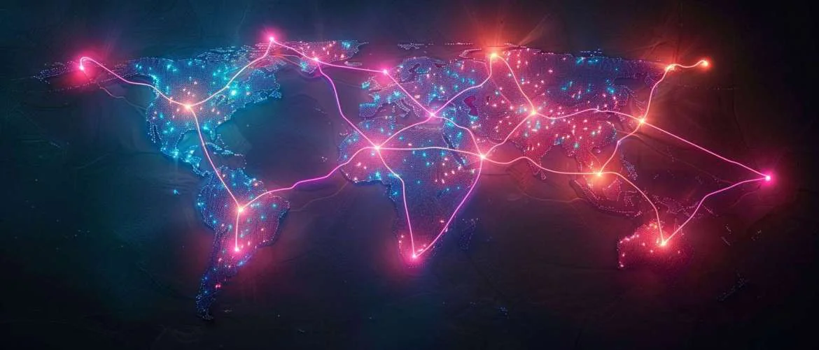 Global map with neon nodes, symbolizing wide adoption of lung surfactant therapy.