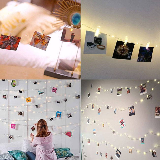 LED string light photo clips with fairy lights - ideal for fairy light decoration of your bedroom or living room, powered by batteries.