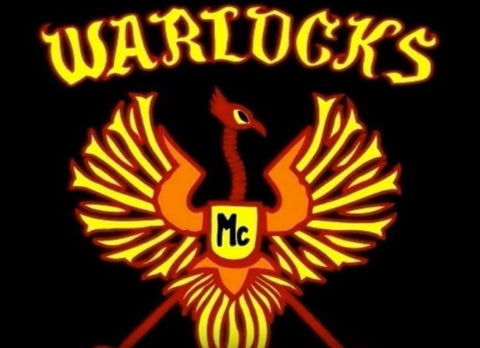 Warlocks Motorcycle Club Phoenix emblem featuring a glowing bird in yellow, crimson red, and black colors