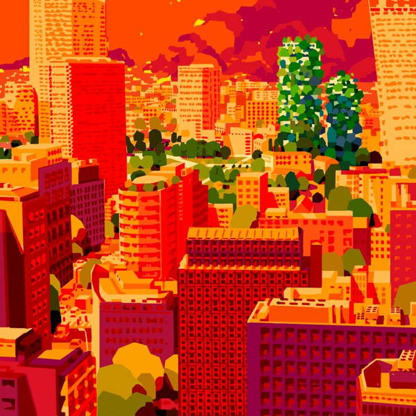 An urban city, populated by trees and green structures.