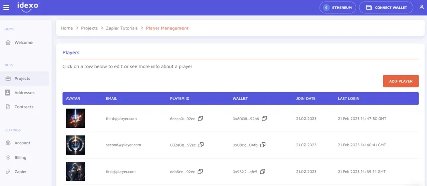 Web3 Player Management System from within the idexo SaaS Management Application