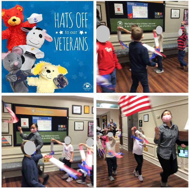 Collage of children and teacher waiving the American flag and decorations during their Veterans day parade 
