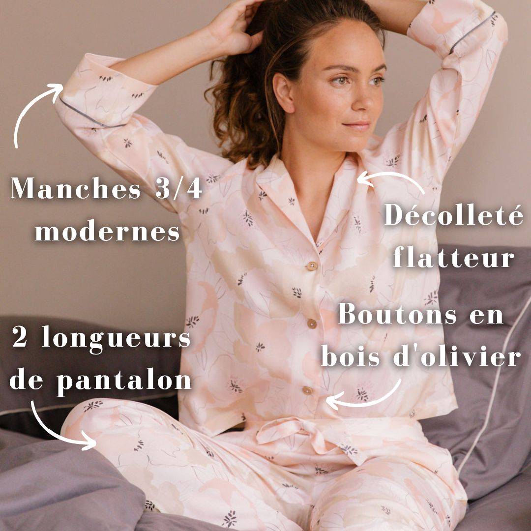 Nêge Paris - Pyjama Divine Idylle chemise pantalon rose poudrée en tencel lyocell
