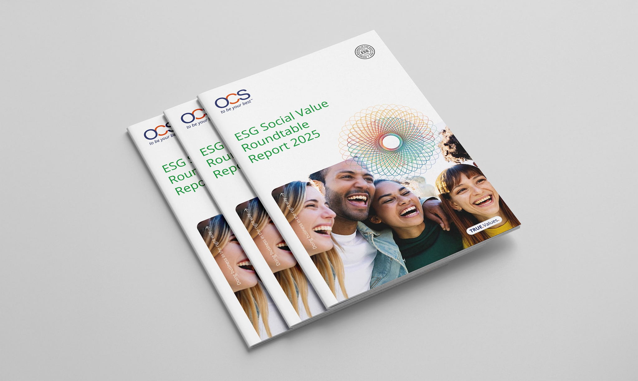 Three copies of a report titled ESG Social Value Roundtable Report 2025 are stacked on a white surface. The cover features a group of four people smiling and a colorful abstract design.