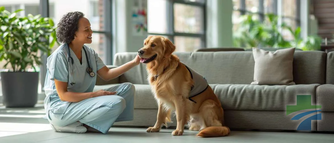 A nurse finds comfort and joy petting a therapy dog in a sunlit hospital lounge.