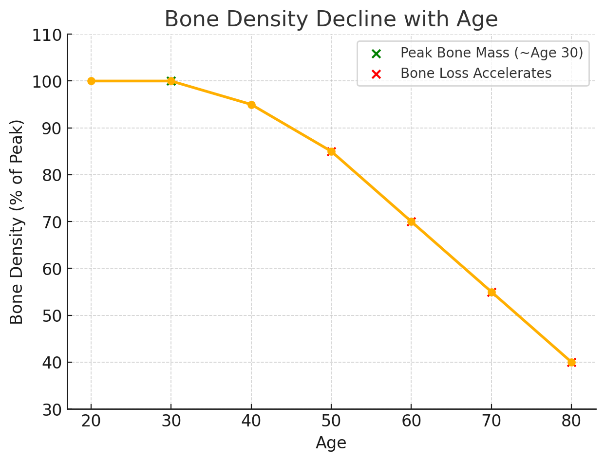 Bone density drops with age after 30—highlighting the need for calcium magnesium zinc to support bone health.
