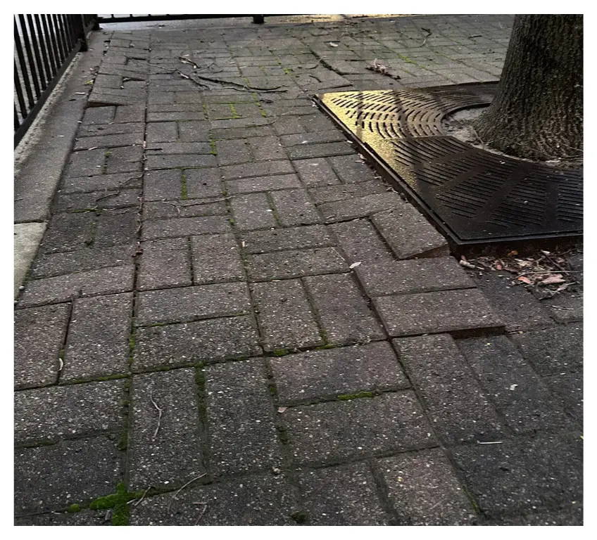 A brick-paved walkway with noticeable unevenness and raised pavers, posing a tripping hazard.