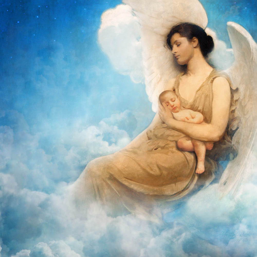 An angel woman with enormous wings asleep in the clouds with an infant in her lap.