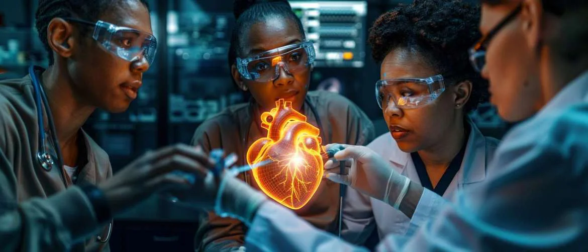 Allied health professionals analyzing a holographic heart model in a lab