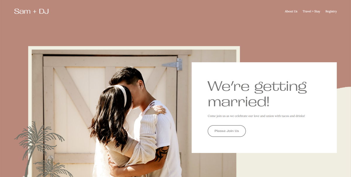 Screenshot of Sam + DJ, from the squarespace wedding websites collection.