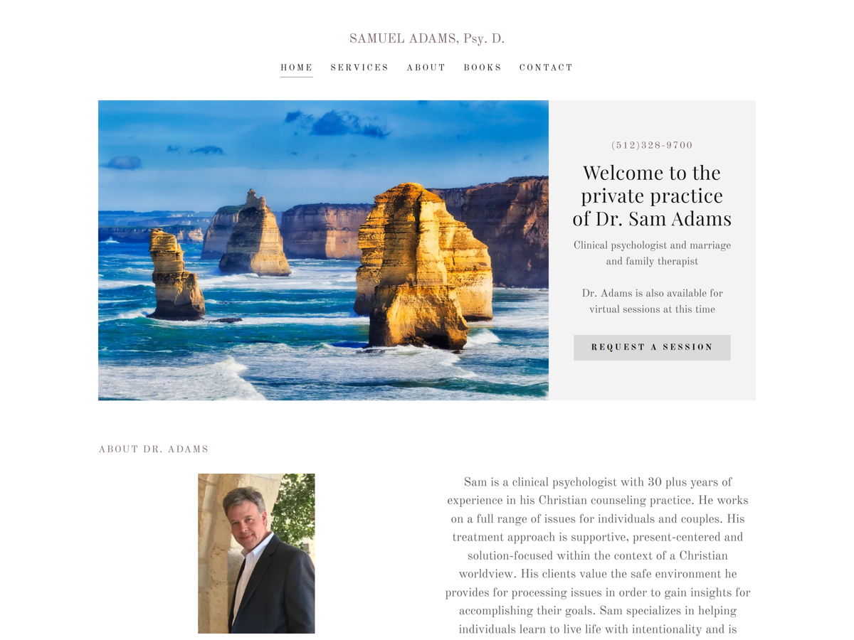 Screenshot of Dr. Sam Adams Counseling, from the therapist websites collection.