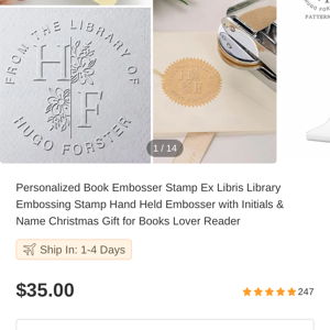 Personalized Book Embosser Stamp Ex Libris Library Embossing Stamp Hand Held Embosser with Initials & Name Christmas Gift for Books Lover Reader