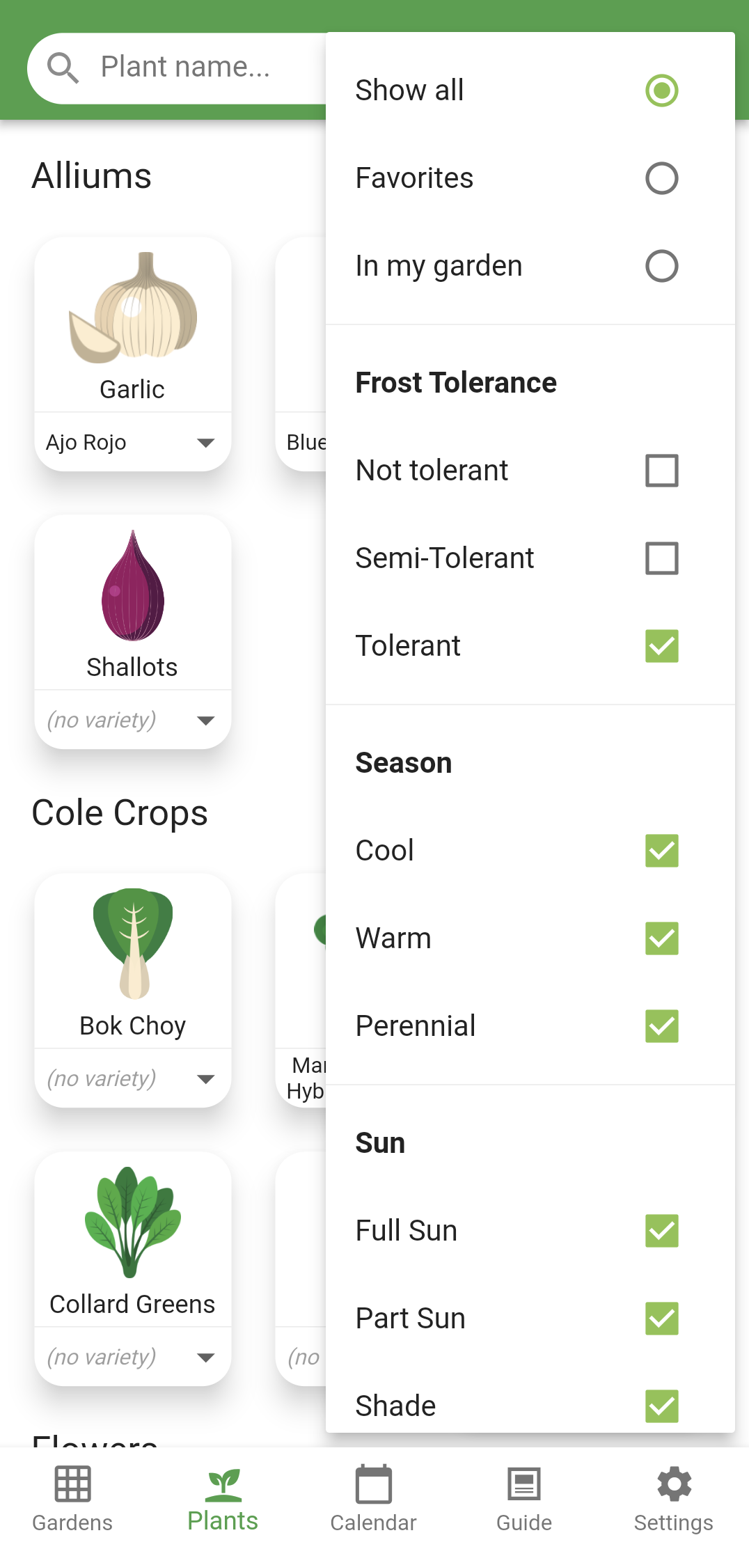 Screenshot of the new plant filter options