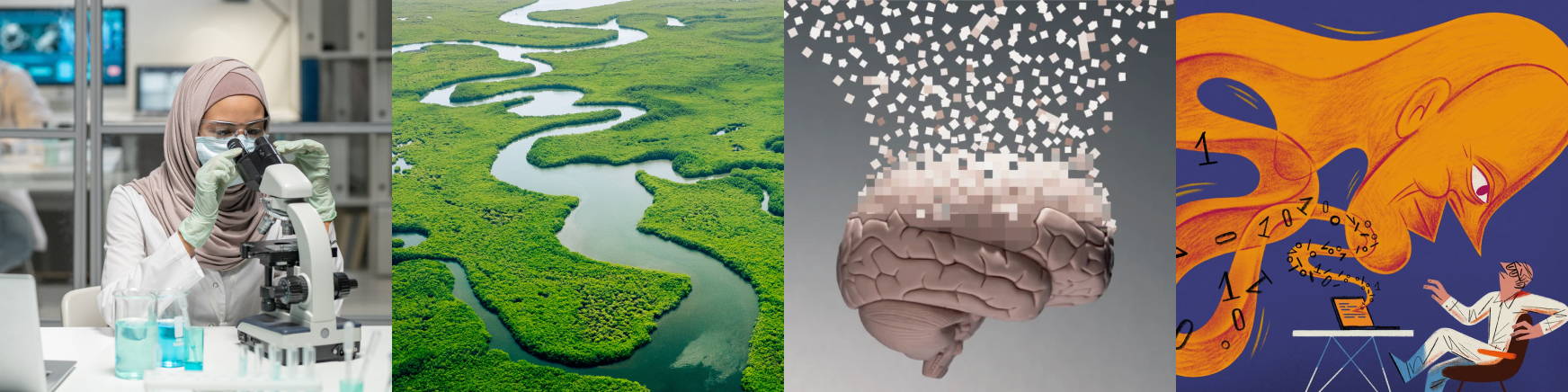 Block of four images about Nature research. A female scientist looking into a microscope, aerial image of river, illustrated brain with pixels at the top, illustration of digital character coming out of a laptop