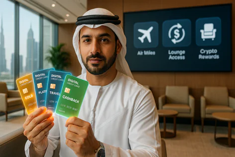 Man in traditional dress displays digital credit cards (Gold, Platinum, Travel, Cashback) with a screen showing Air Miles, Lounge Access, Crypto Rewards.