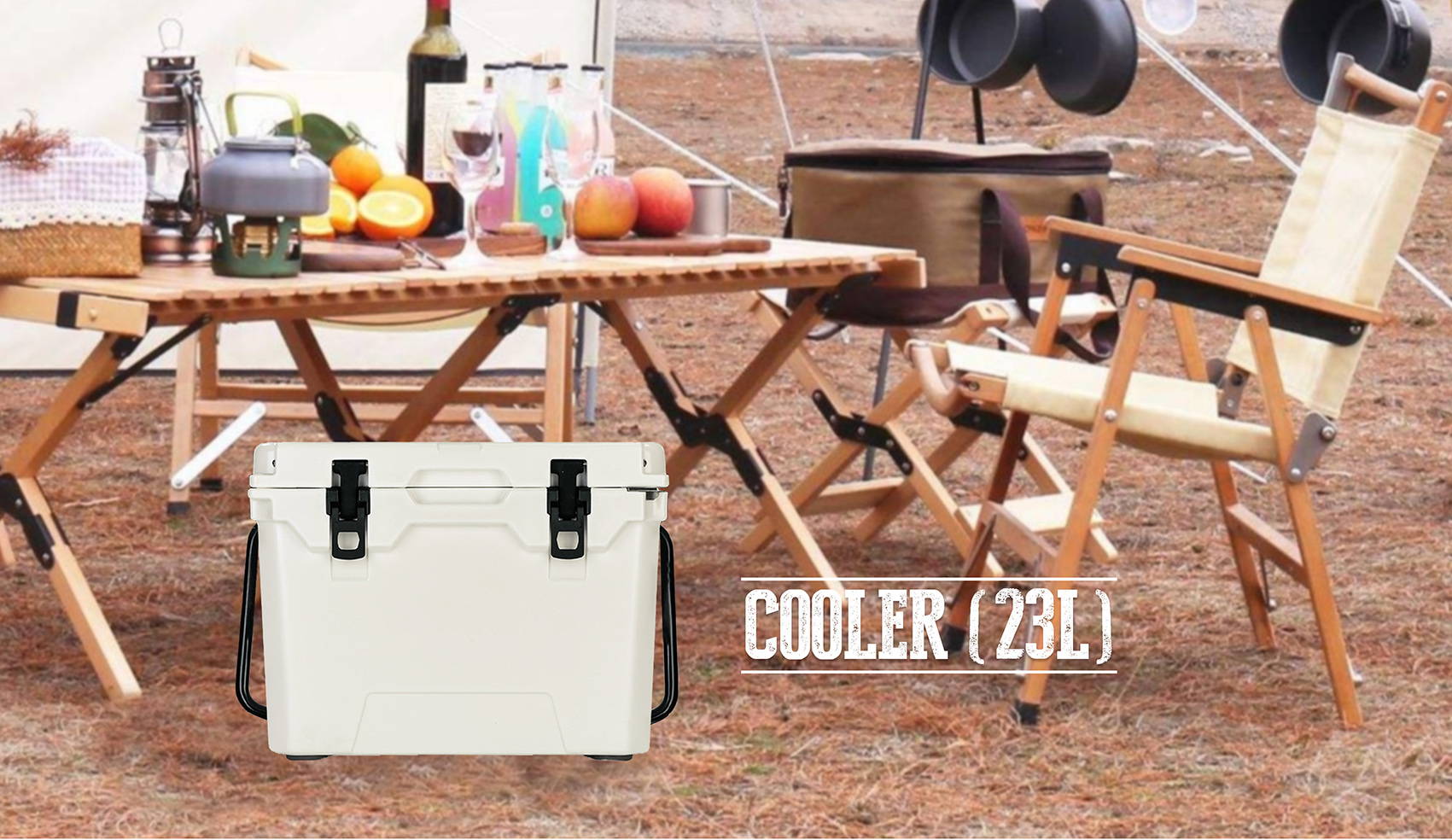 When camping, the white 23-liter cooler contains a lot of drinks