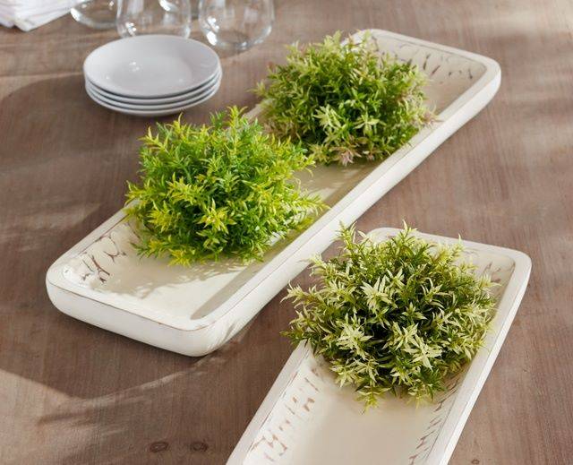 Low White Wooden Tray with Mossy Orbs