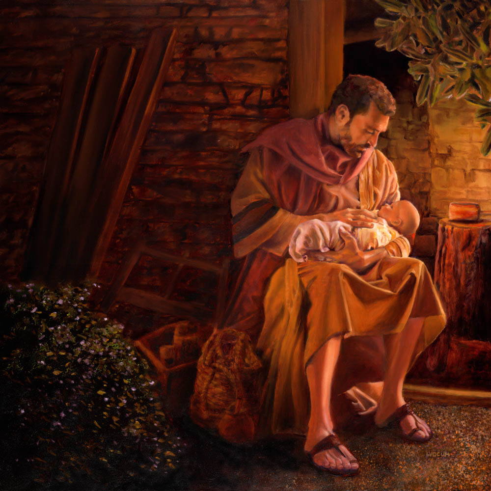 Painting of Joseph holding baby Jesus.